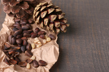 Cedar pine nuts on wooden table