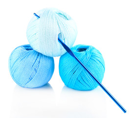 Colorful clews with crochet hook, isolated on white