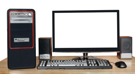 desktop computer with widescreen display on table