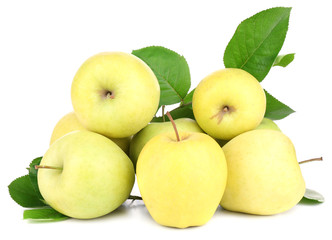 Ripe sweet apples with leaves, isolated on white