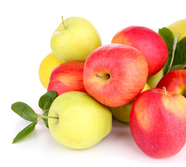 Ripe sweet apples with leaves, isolated on white