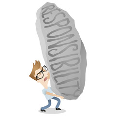 Young man lifting huge rock labeled responsibility