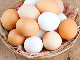farm eggs in a basket on wooden table