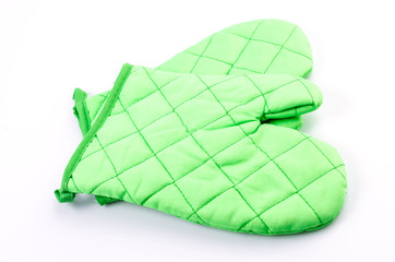Green oven glove on isolated white background
