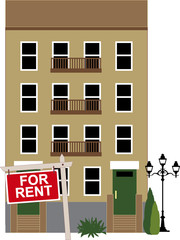 Apartment building with a sign for rent