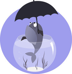 Funny cartoon fish in a fish bowl with an umbrella