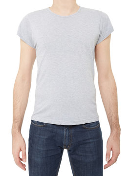 Grey t-shirt on man on white, clipping path