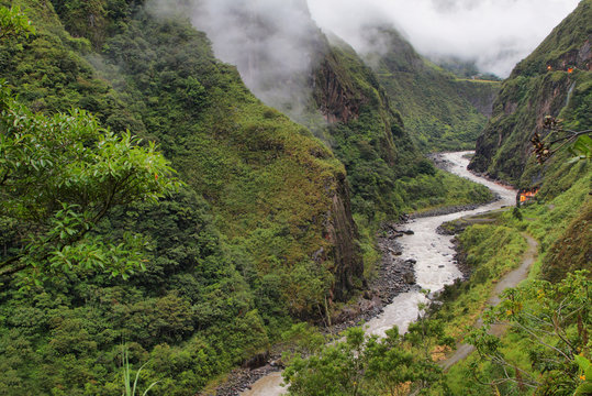 Views of winding Pastaza river and sheer mountains, Ecuador