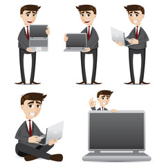 cartoon businessman with computer laptop set