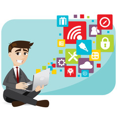 cartoon businessman with laptop and icon