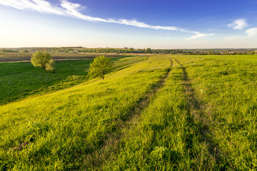 landscape with blue sky and fields