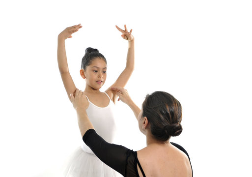 Young Girl Ballerina Learning Dance Lesson With Ballet Teacher