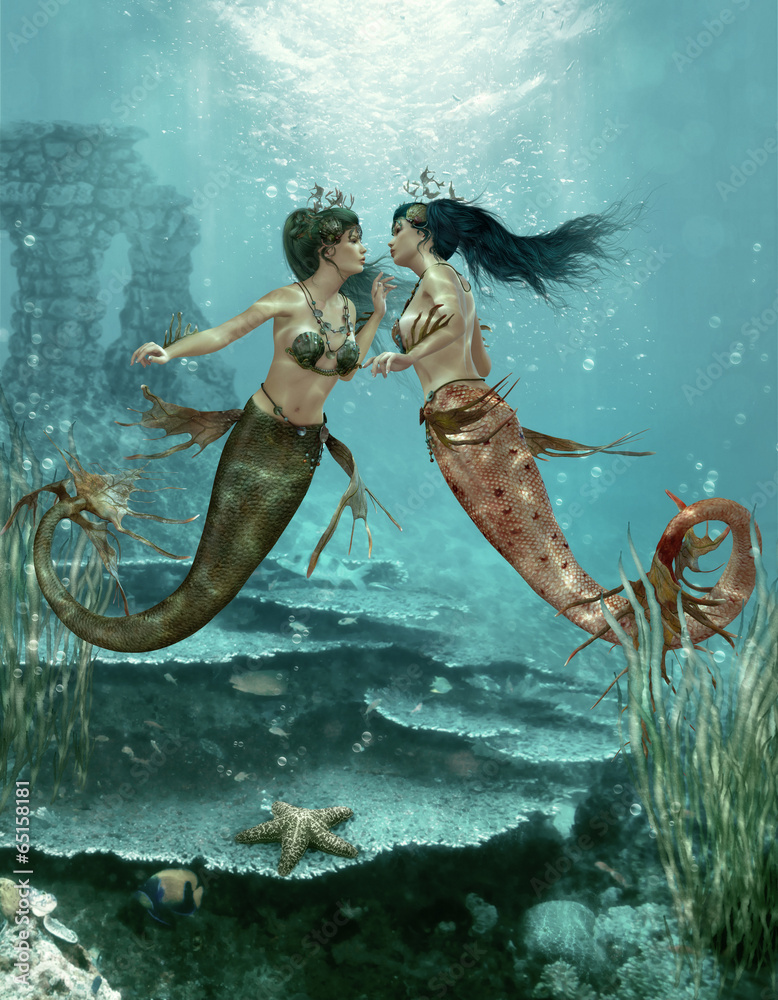 Wall mural two little mermaids, 3d cg