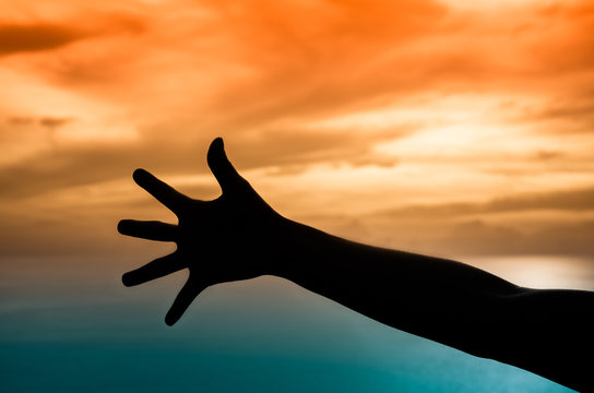 Hand silhouette under a sunset backdrop.