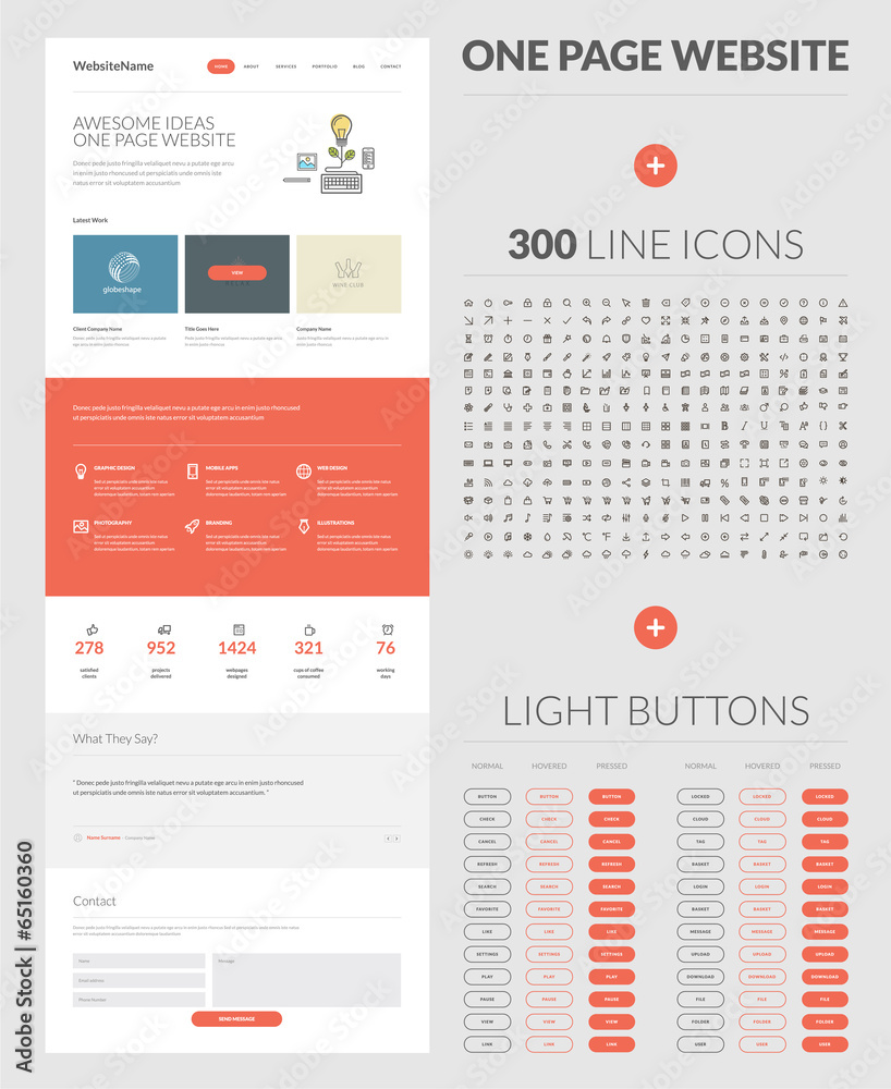 Sticker one page website design template, set of icons and buttons
