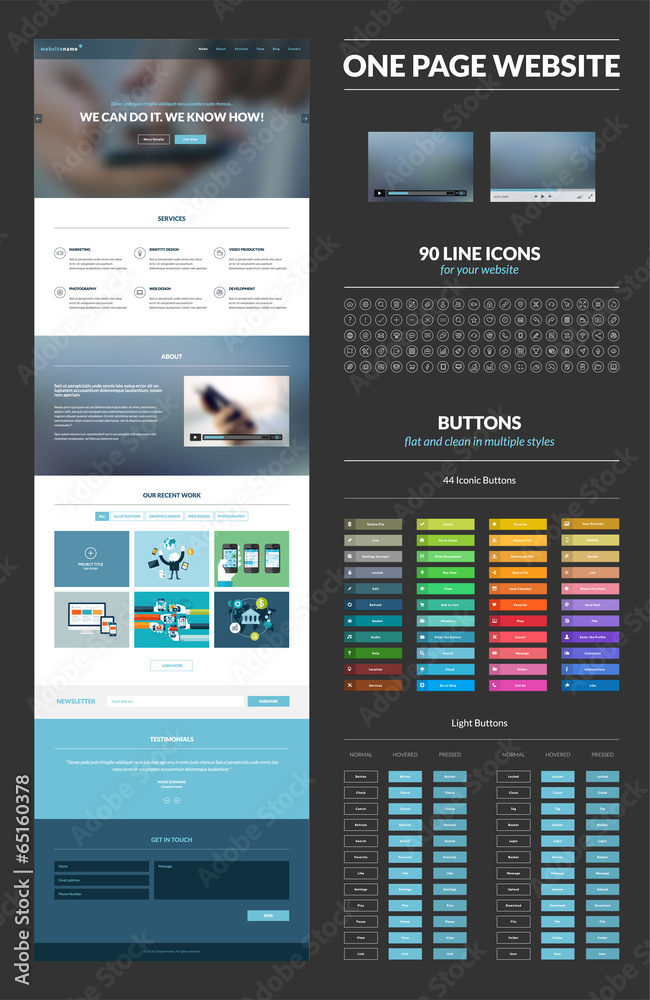Wall mural one page website design template, set of elements for web design