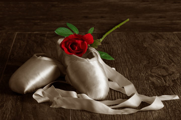 Old used ballet slippers lying on floor with rose and petal © Alta Oosthuizen