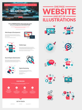 One page website design template and set of flat illustrations