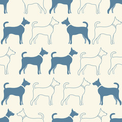 Cute doodle seamless vector pattern of dog silhouettes. Endless