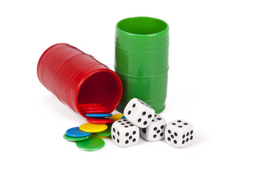 parchis dice and chips isolated on white background