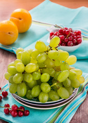 Fresh green grapes, yellow plums and red currants