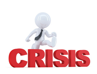 Businessman jumping over 'crisis' sign. Isolated. Clipping path
