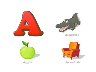 ABC letter A funny kid icons set: alligator, apple, armchair