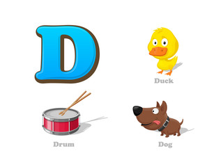 ABC letter D funny kid icons set: duck, drum, dog