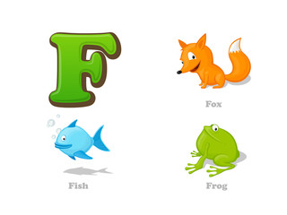 ABC letter F funny kid icons set: fox, fish, frog