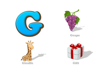 ABC letter G funny kid icons set: grape, giraffe, gift