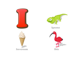 ABC letter I funny kid icons set: iguana, ice cream, ibis