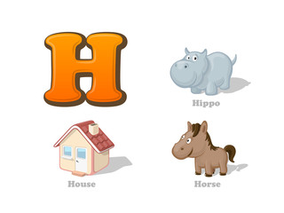 ABC letter H funny kid icons set: hippo, house, horse