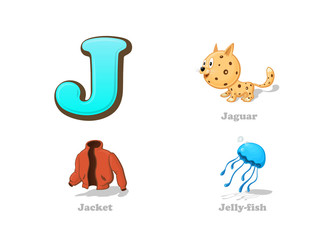 ABC letter J funny kid icons set: jaguar, jacket, jellyfish