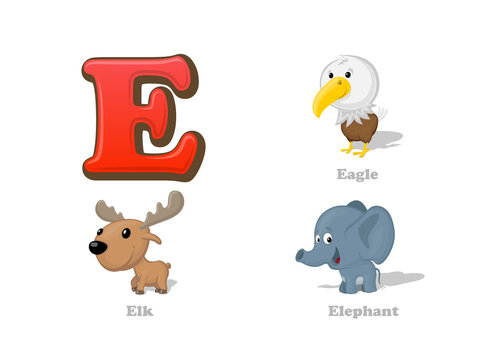 ABC letter E funny kid icons set: eagle, elk, elephant