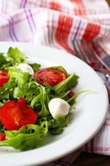Green salad made with  arugula, tomatoes, cheese mozzarella