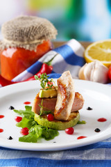 Grilled steak, grilled vegetables and arugula