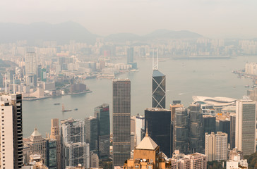 Hong Kong and Kowloon buildings. Aerial view of skyscrapers on a