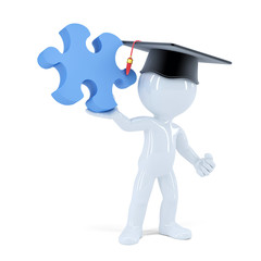 3D Student with a piece of puzzle. Isolated + clipping path.
