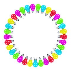 Colorful light bulbs forming a frame. Contains clipping path