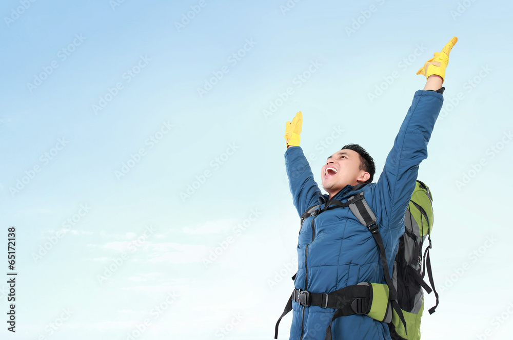 Sticker male hiker with backpack raised his arm