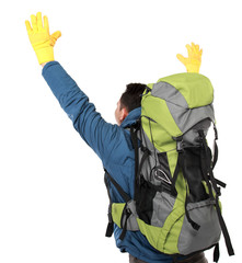 male hiker with backpack raised his arm
