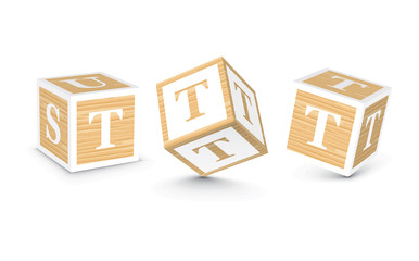 Vector letter T wooden alphabet blocks