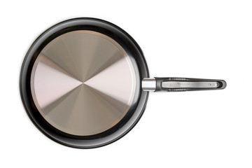 Empty black pan on isolated background, back side