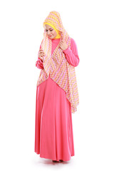 beautiful girl wearing pink muslim costume