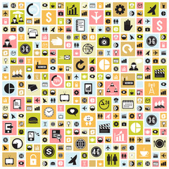 Wallpaper design with universal icons in square tiles pattern, v