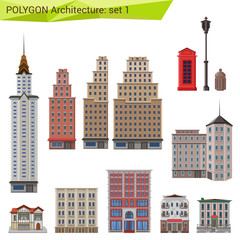 Polygonal style skyscrapers and buildings set. City design.