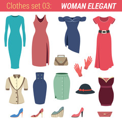 Dress vector icon set. Dresses, hat, shoes, gloves, skirts.