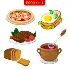 Main meal menu vector icon set. Pizza, fried eggs, steak, soup.