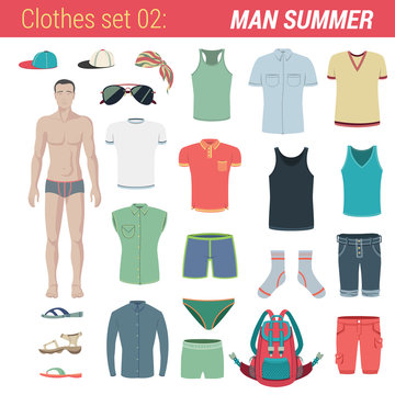 Man summer clothing vector icon set. Pants, socks, hat, t-shirt.