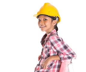 Young Asian Malay girl with hard hat on a ladder